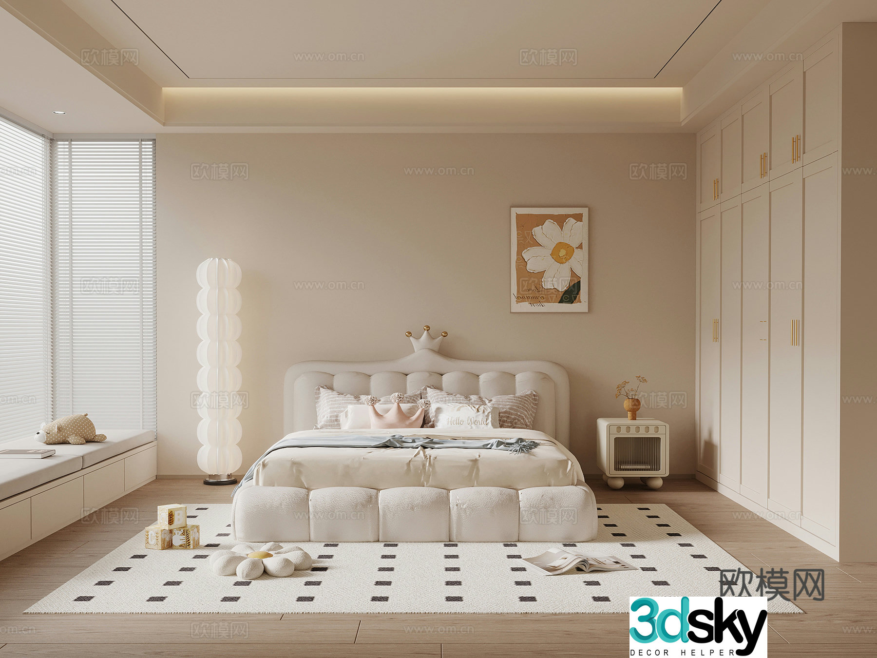 Modern Cream Bedroom Children’s Bed Double Bed Bed Nightstand Chandelier 3D Model
