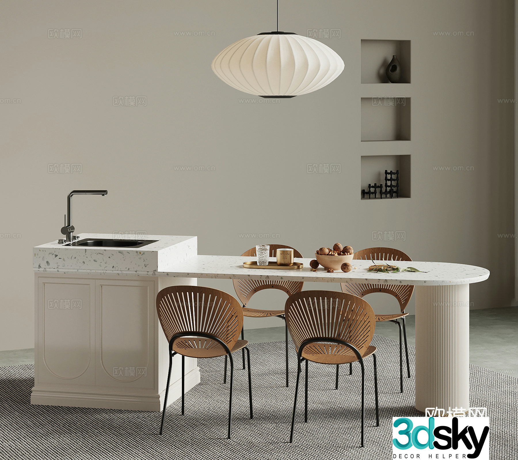 French Creamy Island Open Dining Table 3D Model
