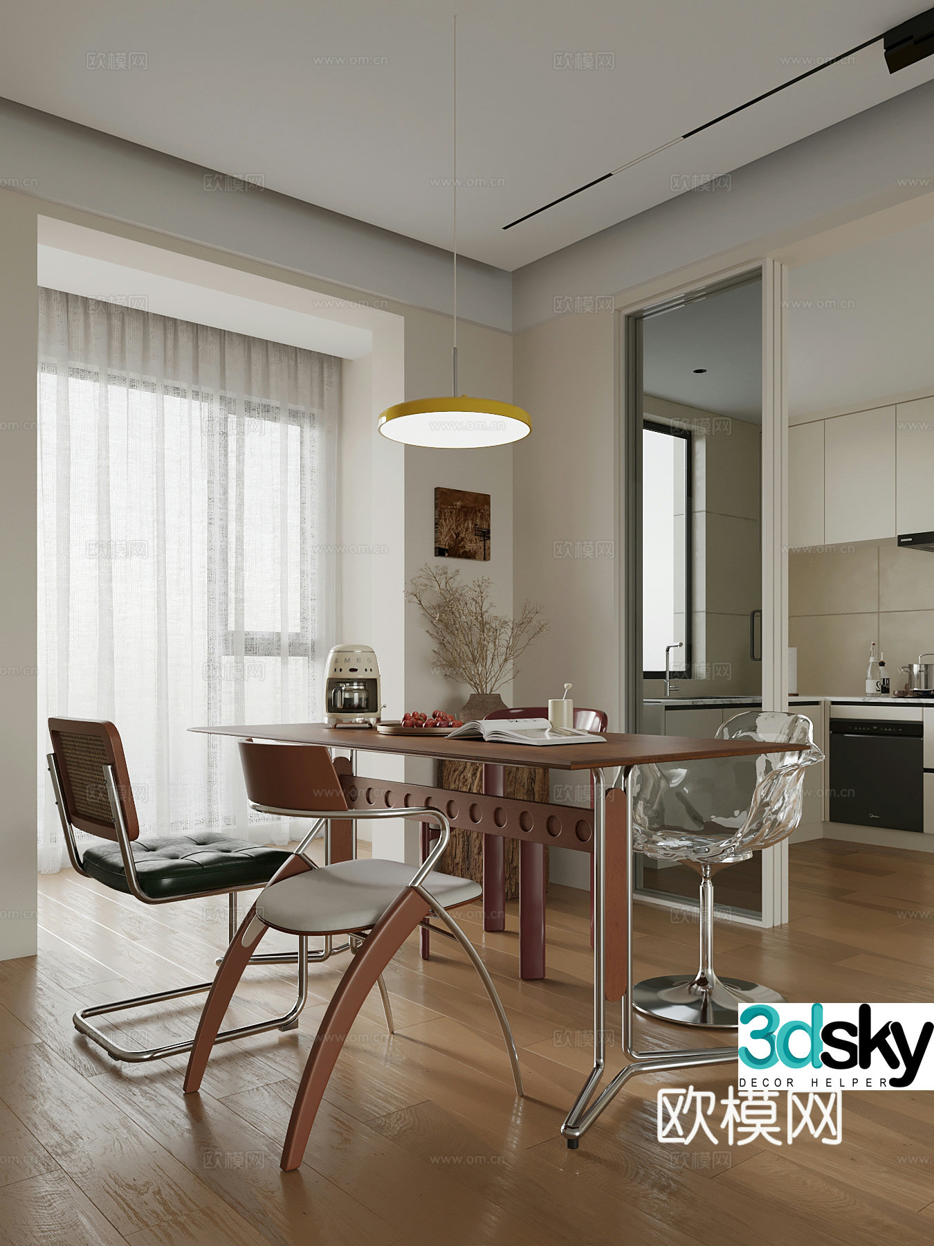 Middle style restaurant dining table and chair 3D model