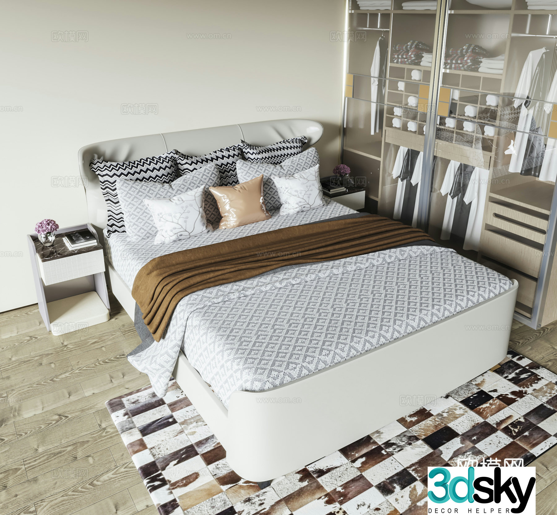 Modern light luxury bed Double bed Hotel bed Glass wardrobe Marble bedside table 3D model