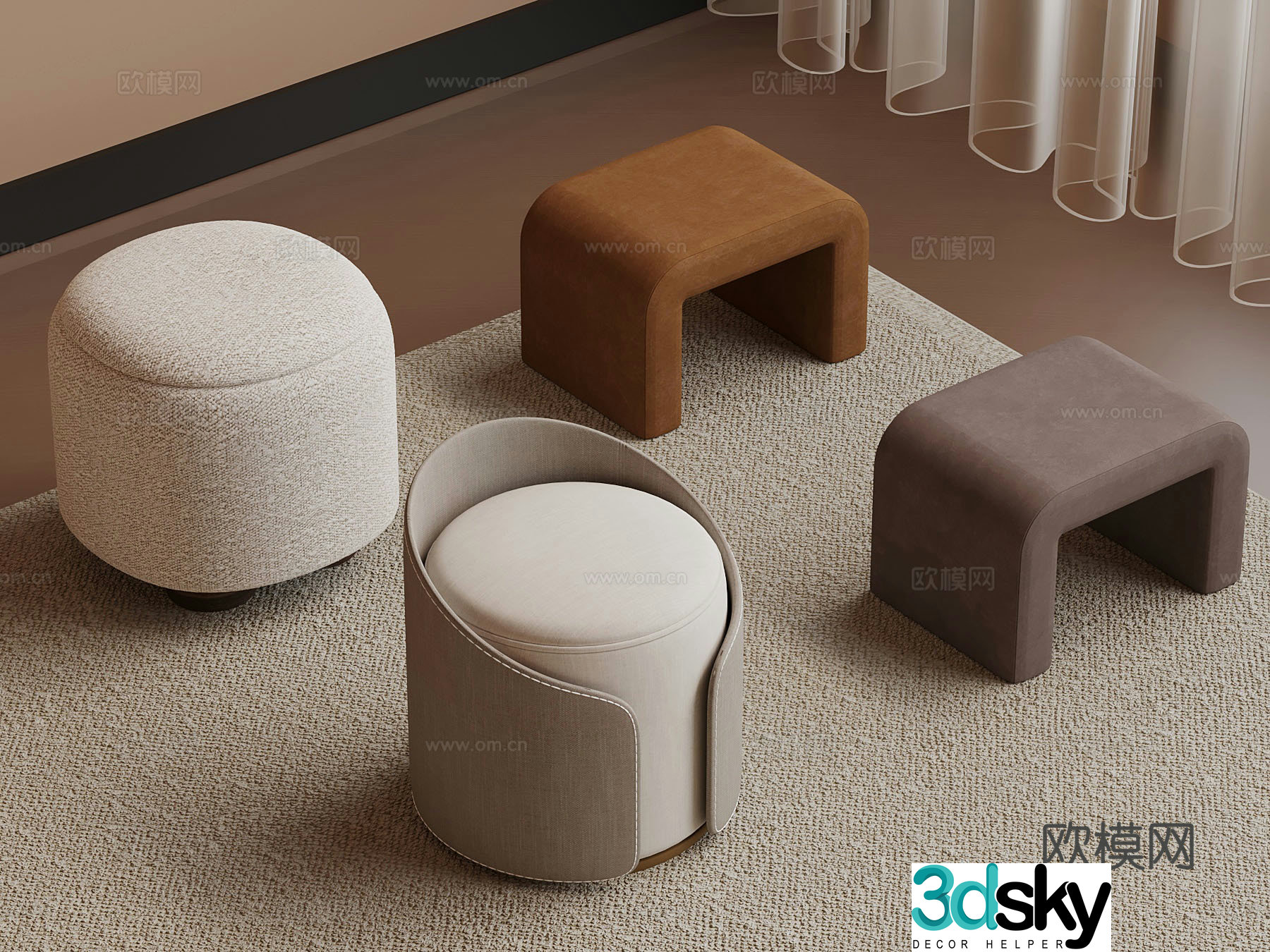 Modern cream style sofa stool shoe change stool low stool round stool 3d model