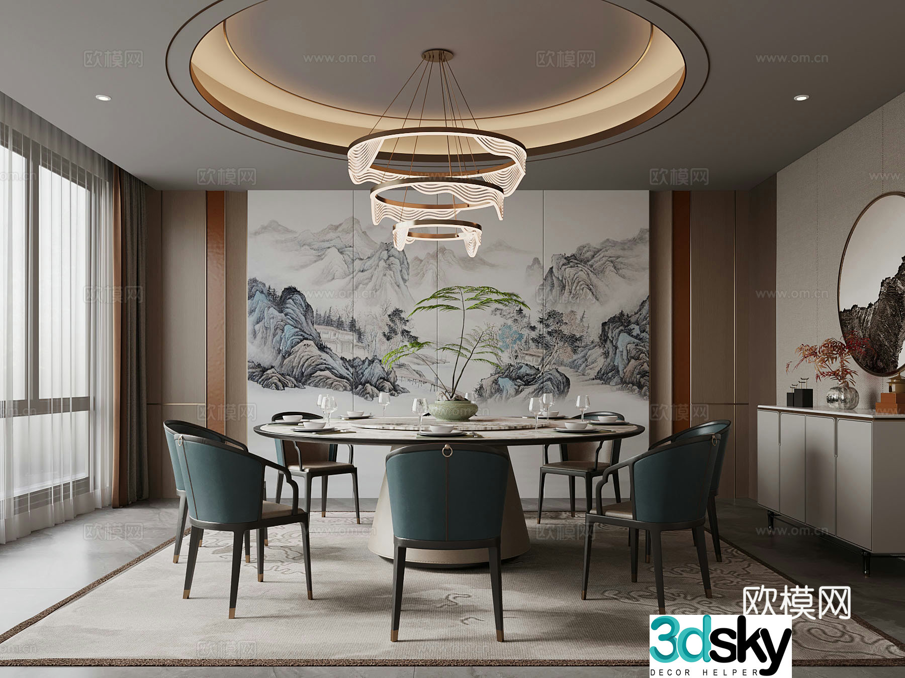 New Chinese style catering private room Club private room Dining table and chair 3D model