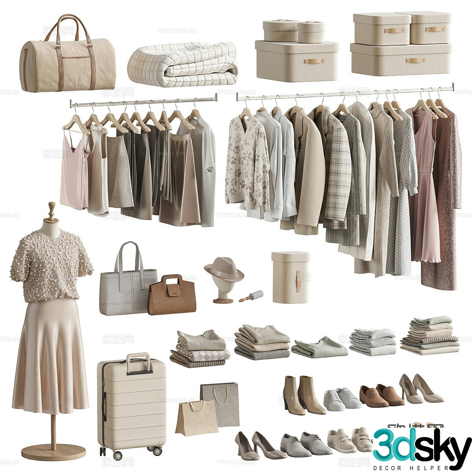 Modern wardrobe clothing luggage combination 3D model