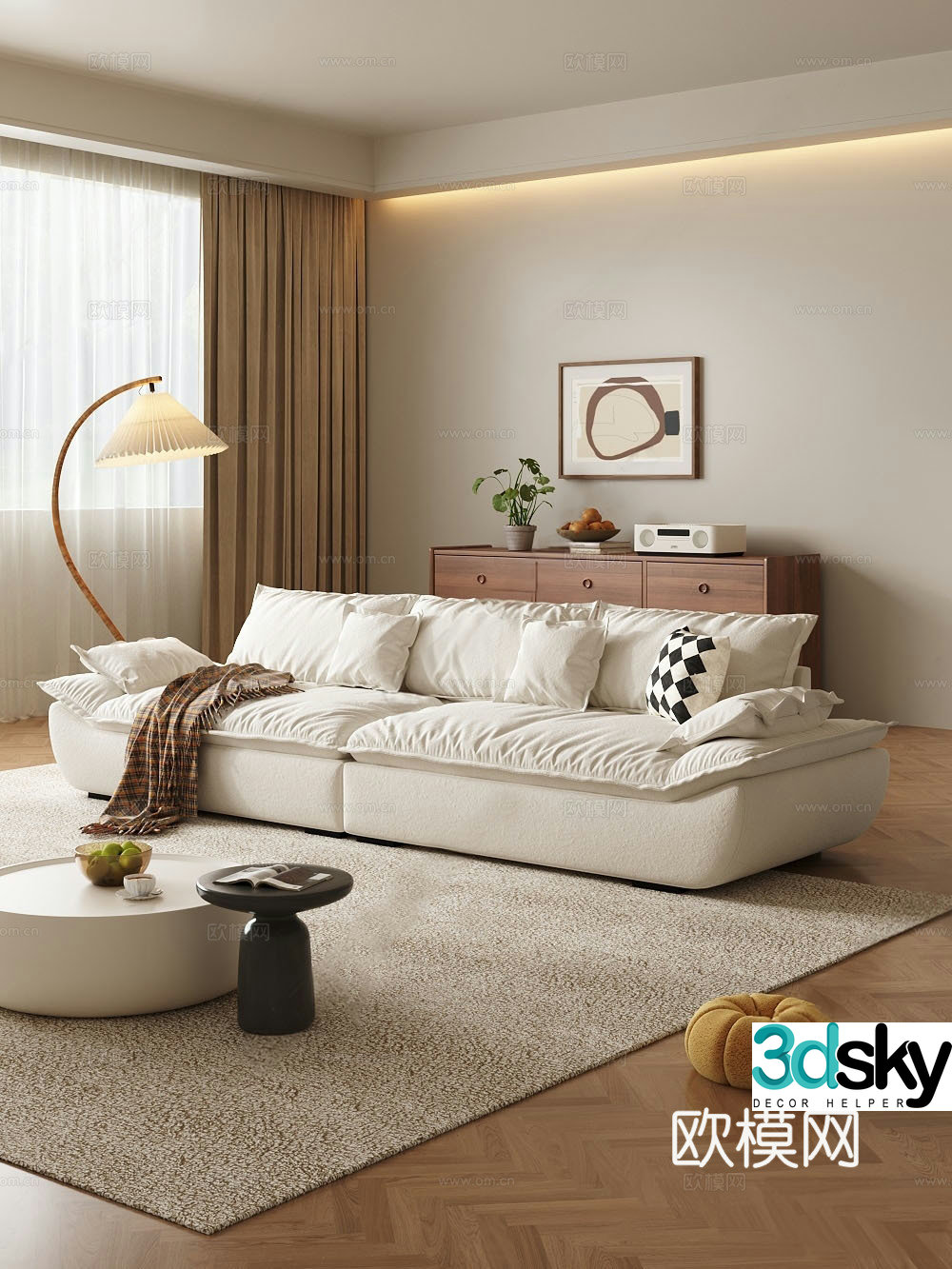 Cream simple three-person sofa velvet sofa fabric sofa sailing sofa casual sofa 3d model