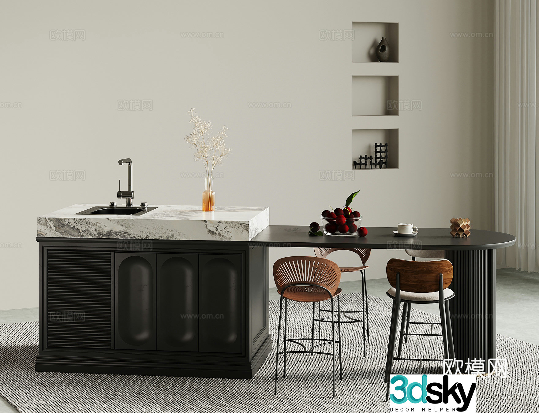 French retro style island dining table 3d model