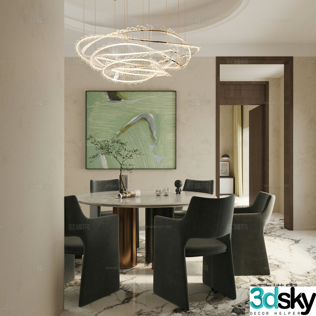 Modern home restaurant restaurant private room dining table and chair combination chandelier 3d model