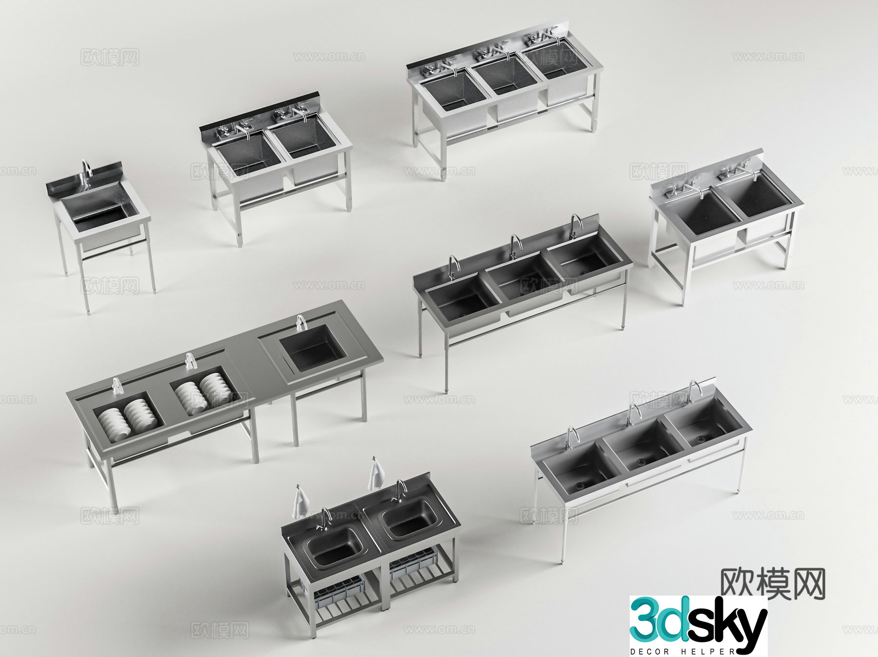Modern kitchen sink metal sink three-eye sink double-eye sink metal faucet bowl 3d model