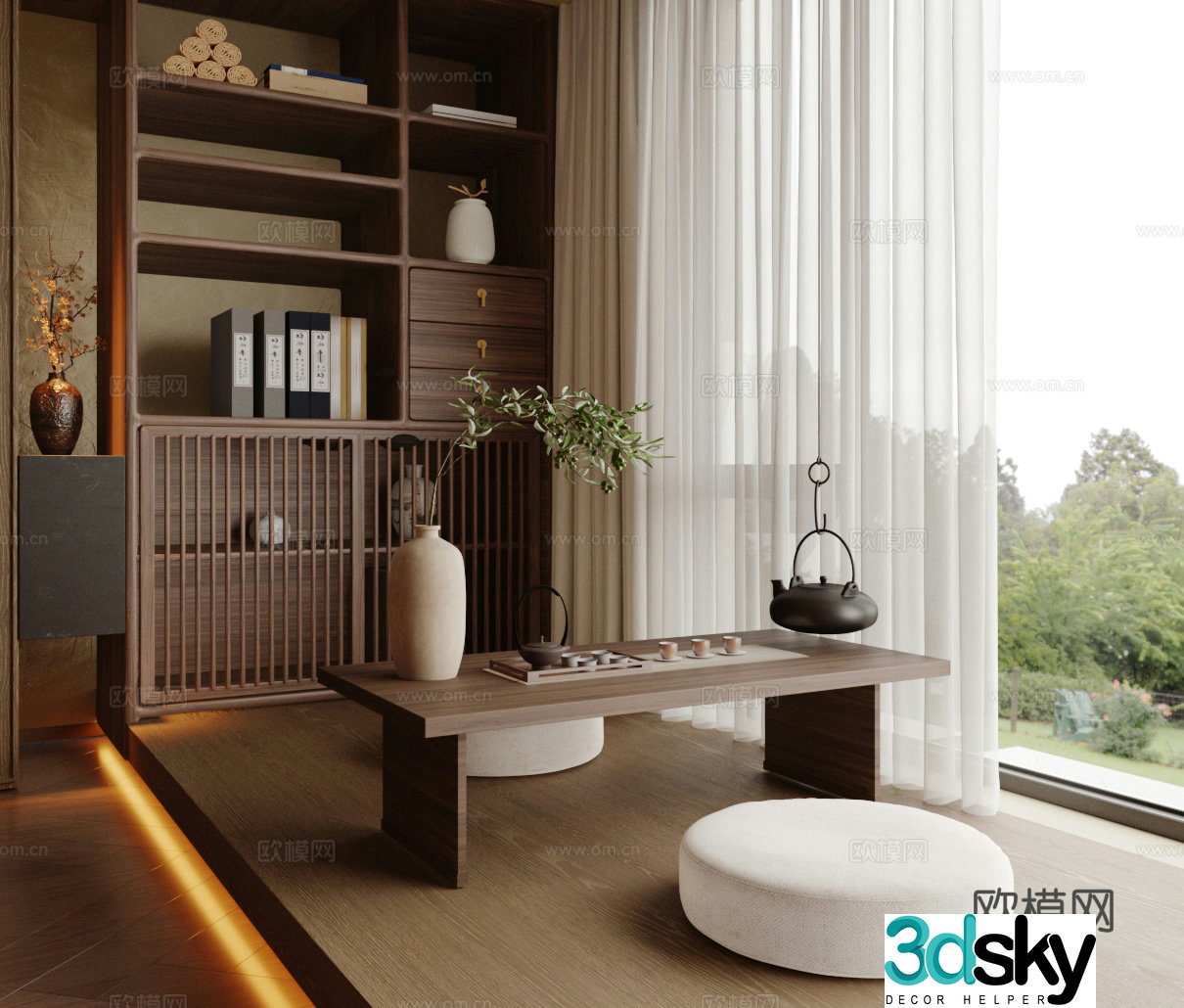 New Chinese-style Zen tea room Tatami tea room Balcony tea room Tatami tea table and chair Tea tatami tea area 3D model