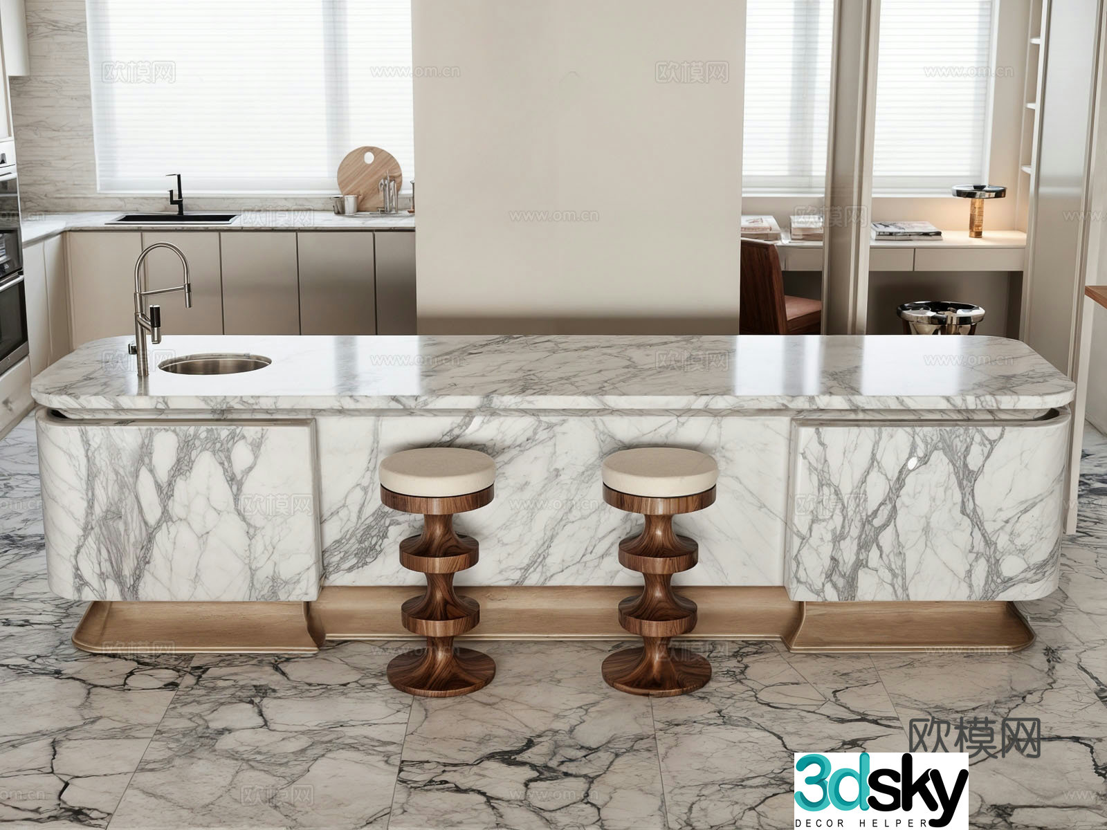Modern island restaurant island stone island marble island table 3d model
