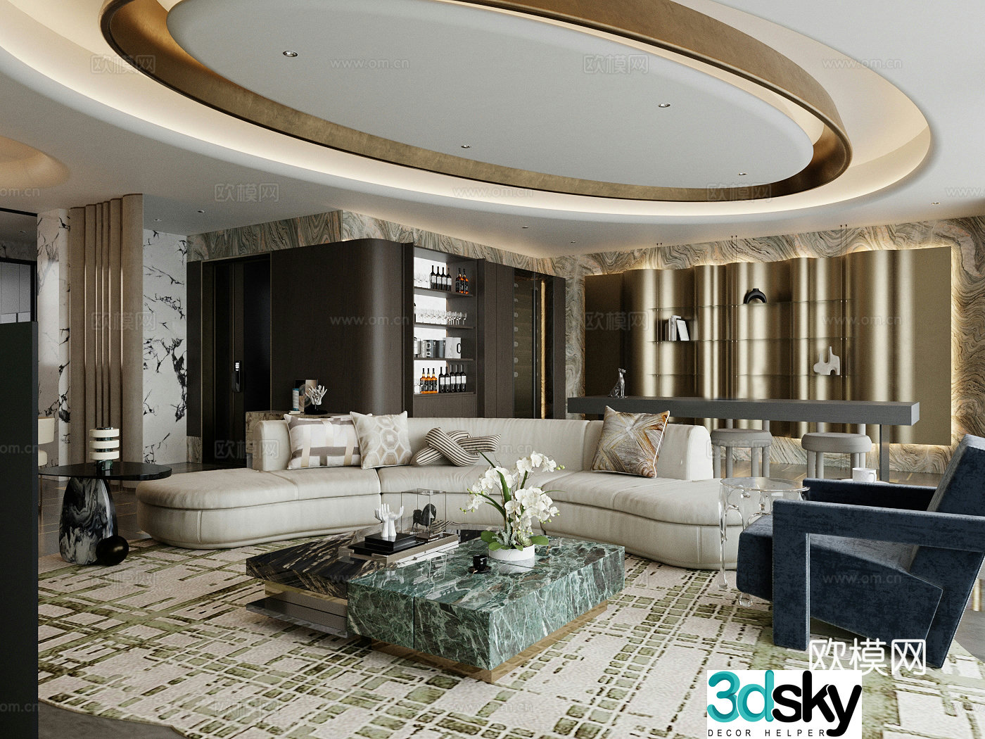 Light luxury home living room large living room horizontal living room sofa and coffee table combination 3D model