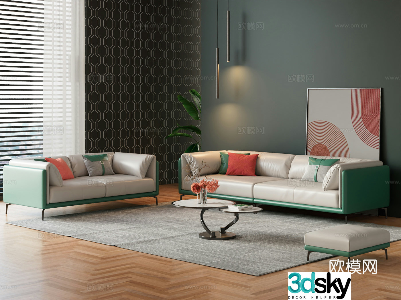 Italian leather sofa modern light luxury sofa coffee table combination three-person sofa simple modern sofa coffee table 3D model