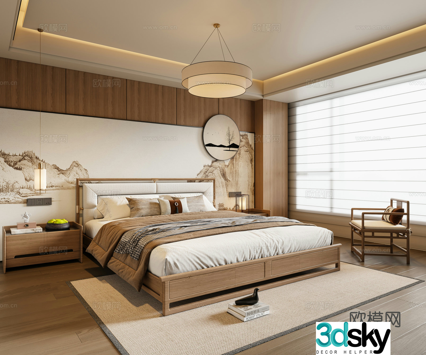New Chinese style bedroom solid wood double bed bedside table chandeliers leisure chair hanging painting 3D model