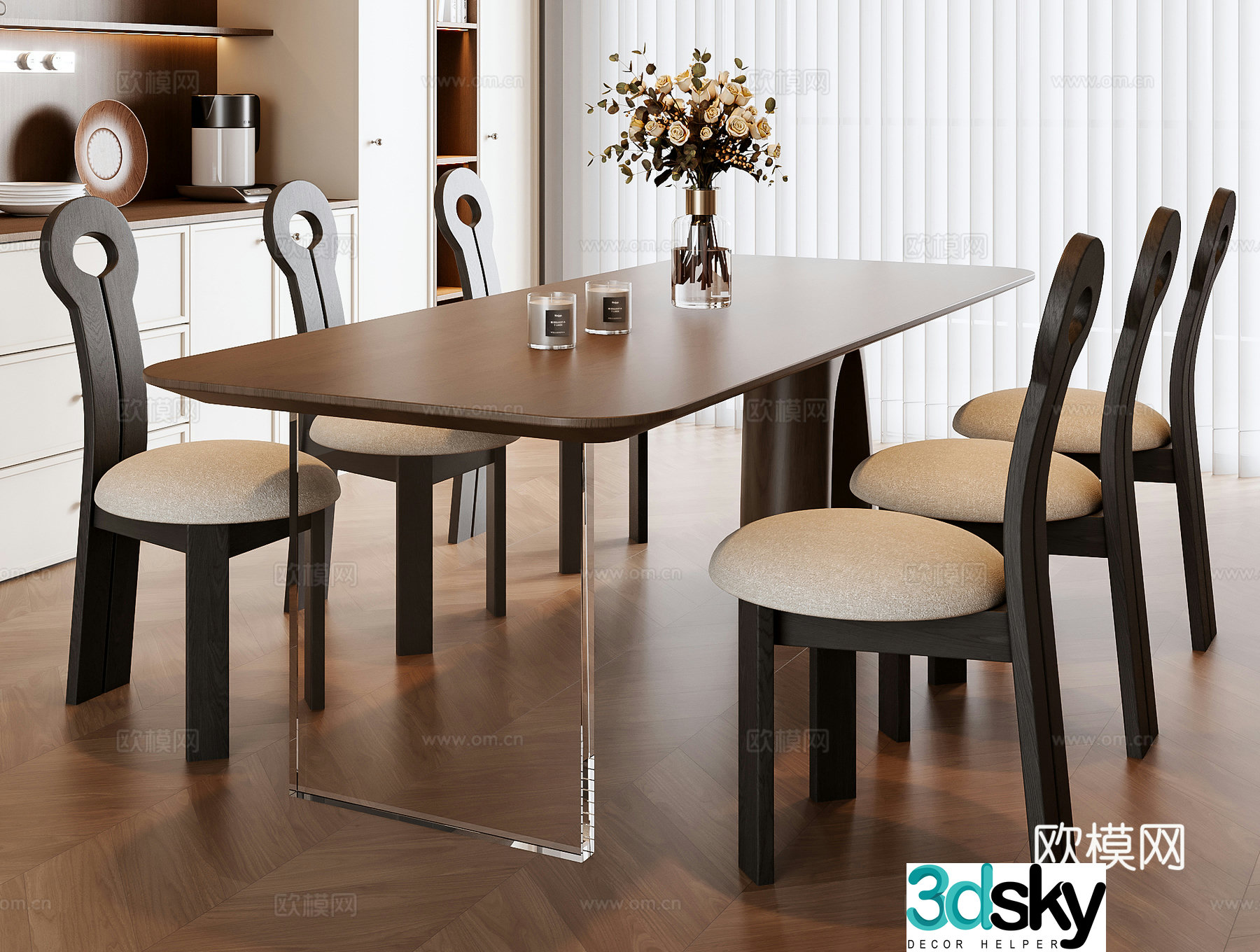 Medium style dining table and chair combination 3D model