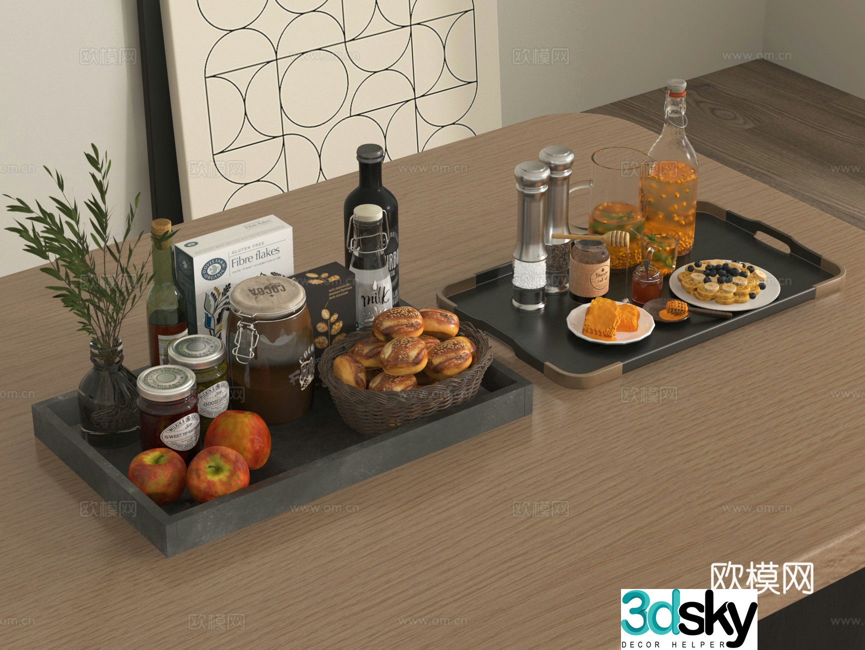 Dinner plate water cup tray wine fruit food 3d model