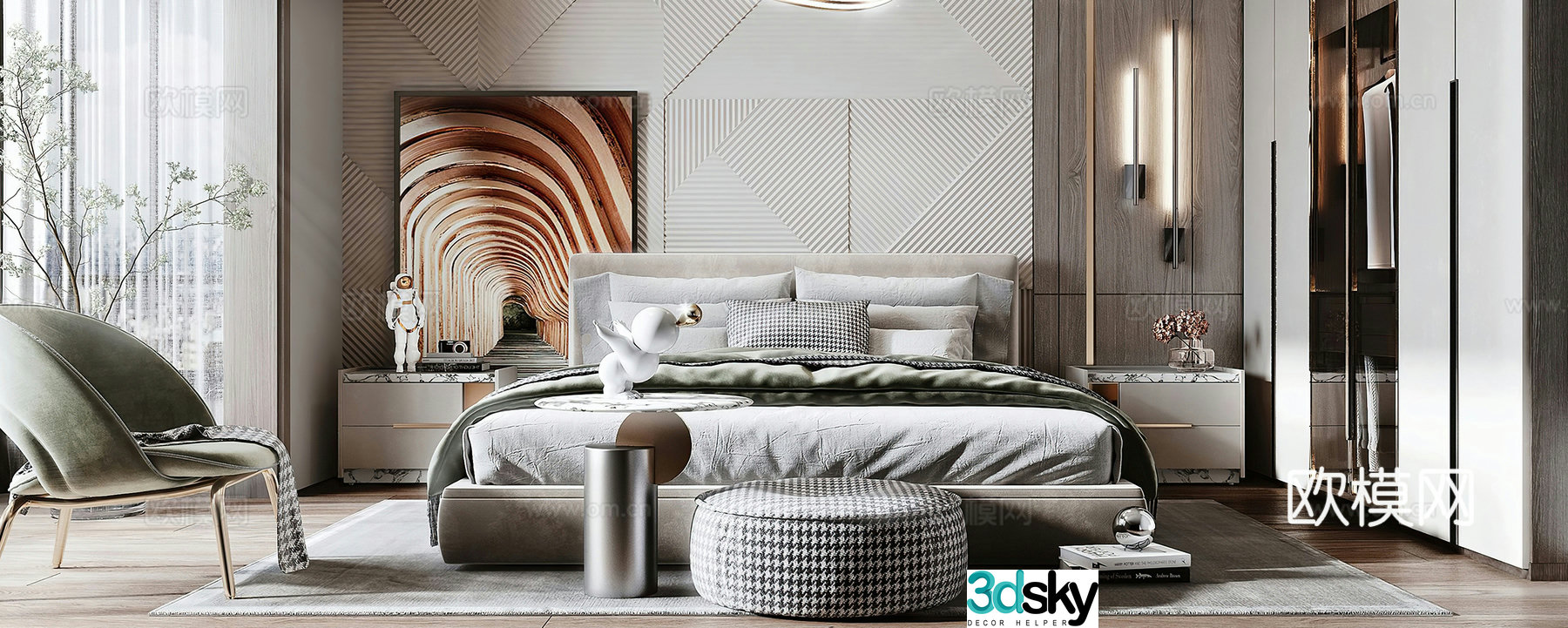Modern bedroom Light luxury bedroom Italian bedroom Wardrobe Wall light lounge chair G7263d model