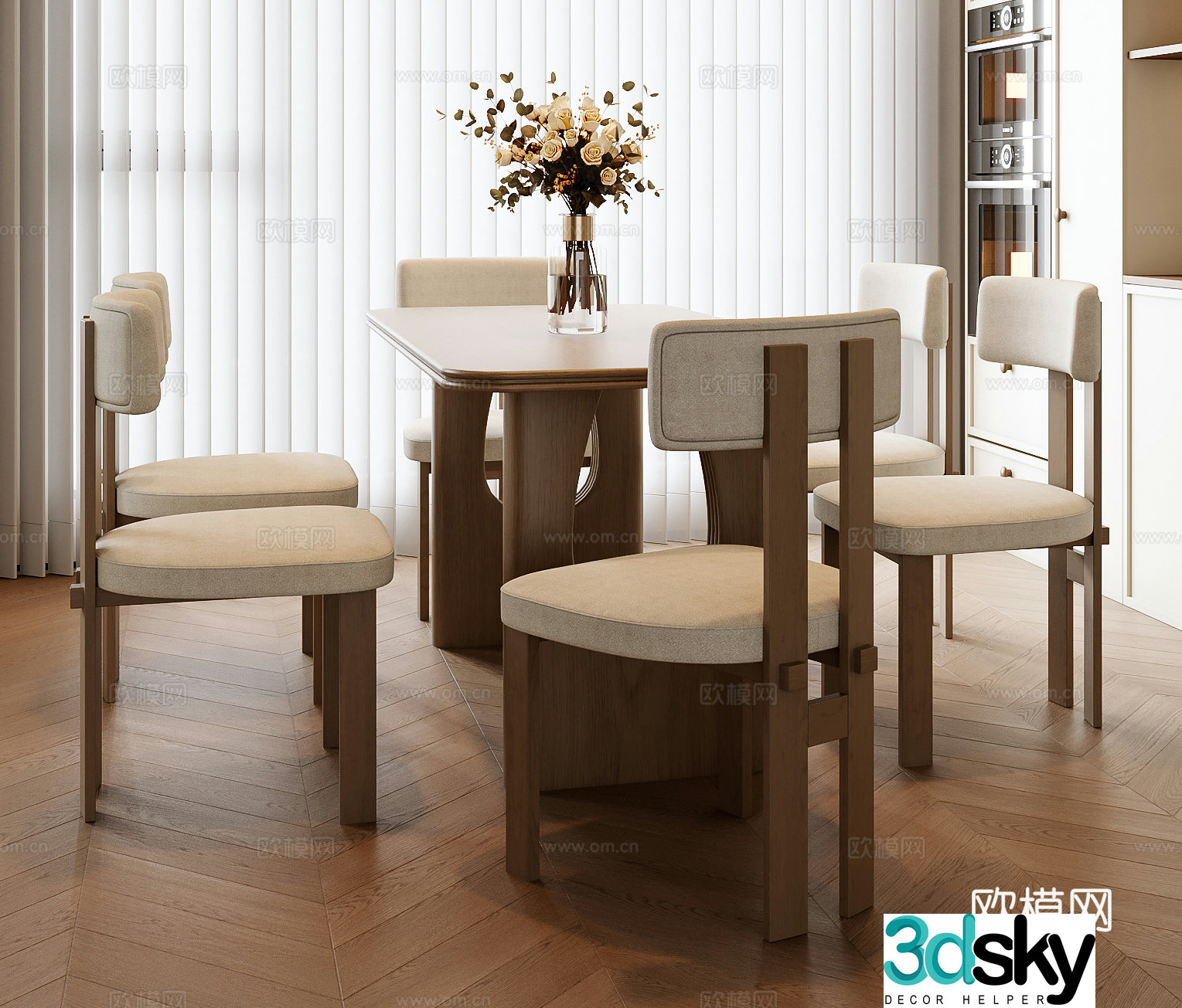 Medium style dining table and chair combination 3D model