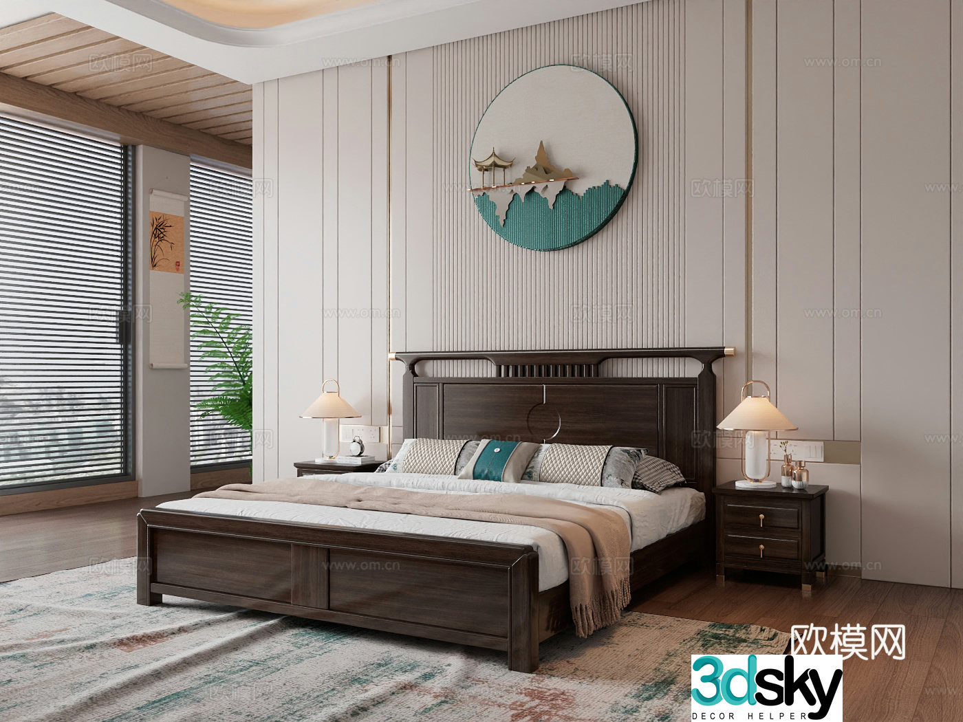 New Chinese style double bed Chinese style solid wood bed Wujin wood bed New Chinese style bedroom space Bedside table 3D model