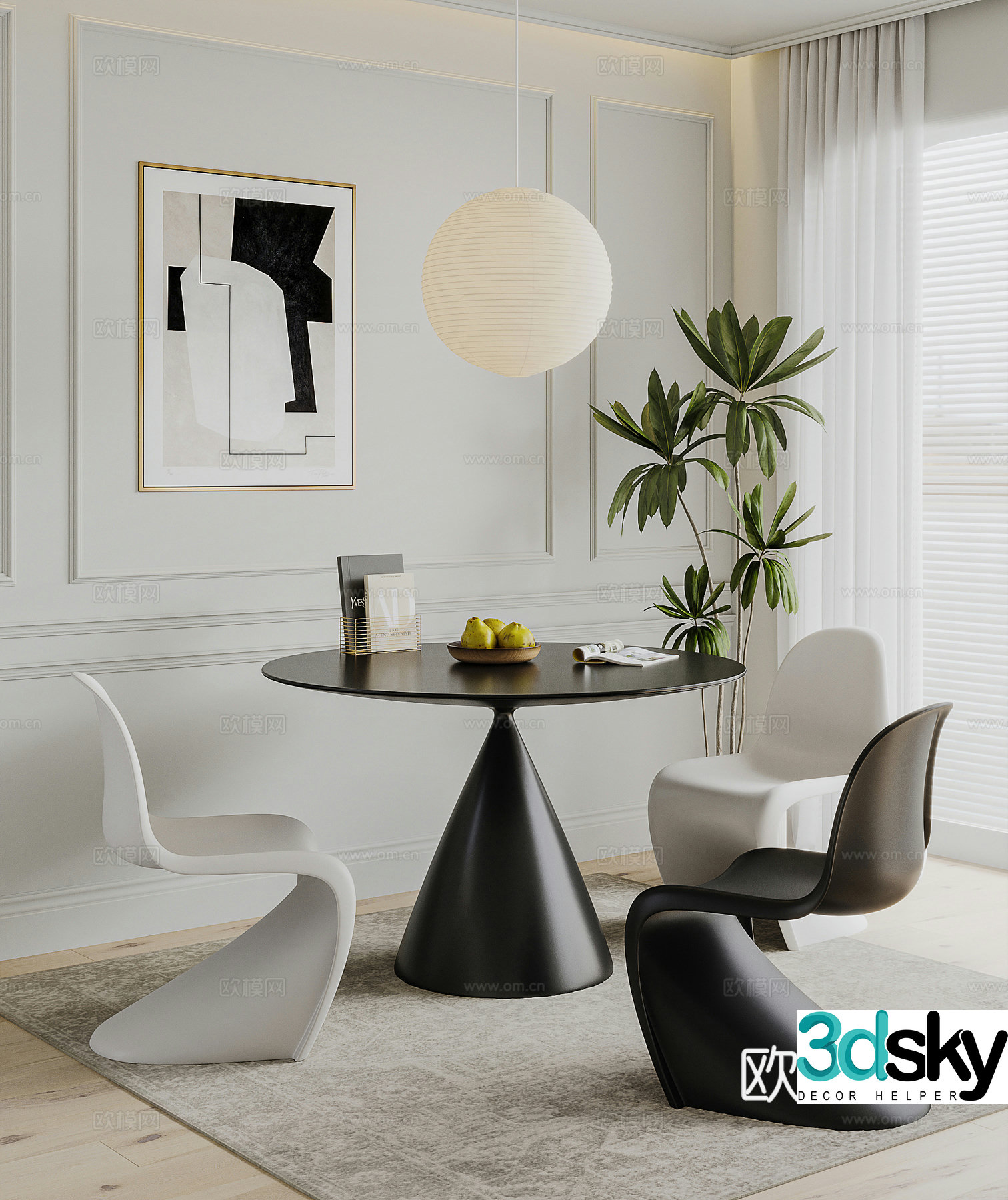 Modern cream style dining table and chair 3d model