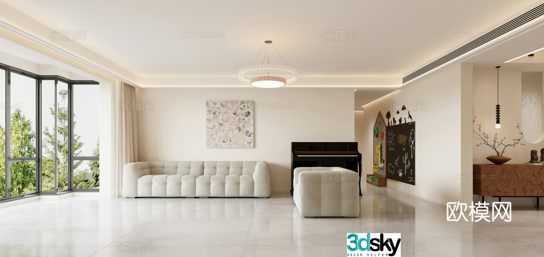 Modern living and dining room 3d model