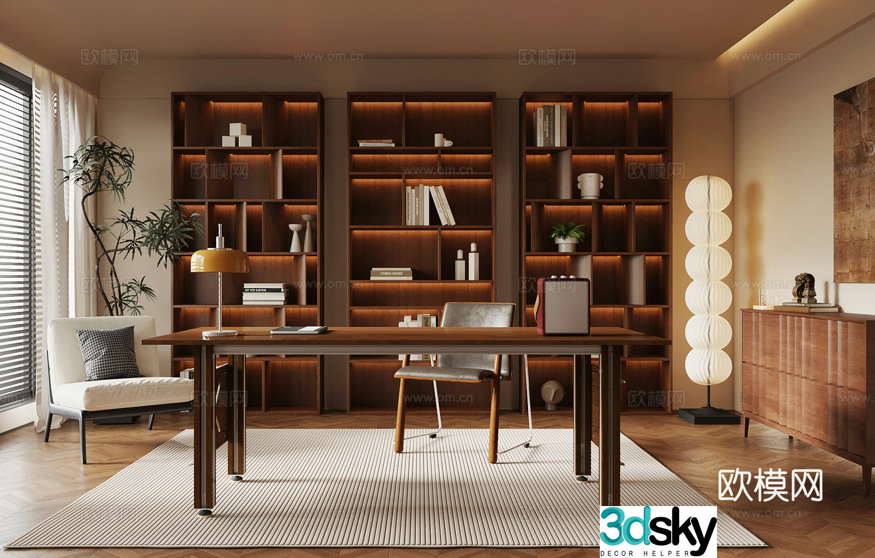 Middle-aged study bookcase desk and chair 3D model