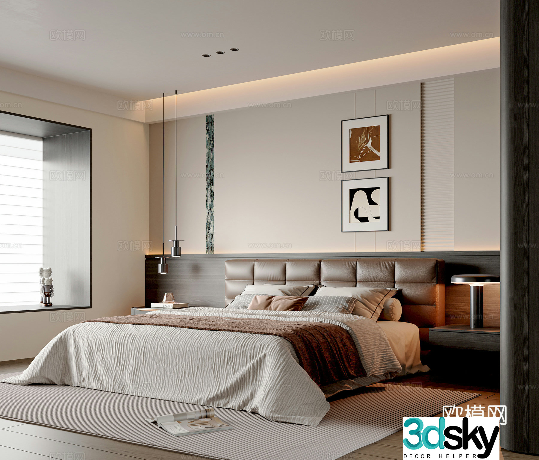 Modern minimalist bedroom master bedroom double bed small chandeliers desk lamp bedroom accessories hanging paintings 3D model