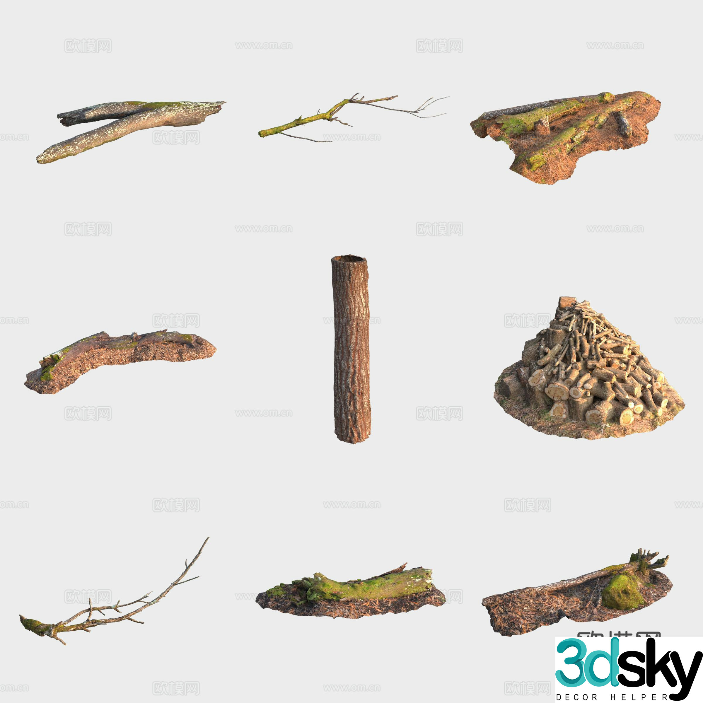 Tree trunk branches stump firewood pile dead wood moss 3d model