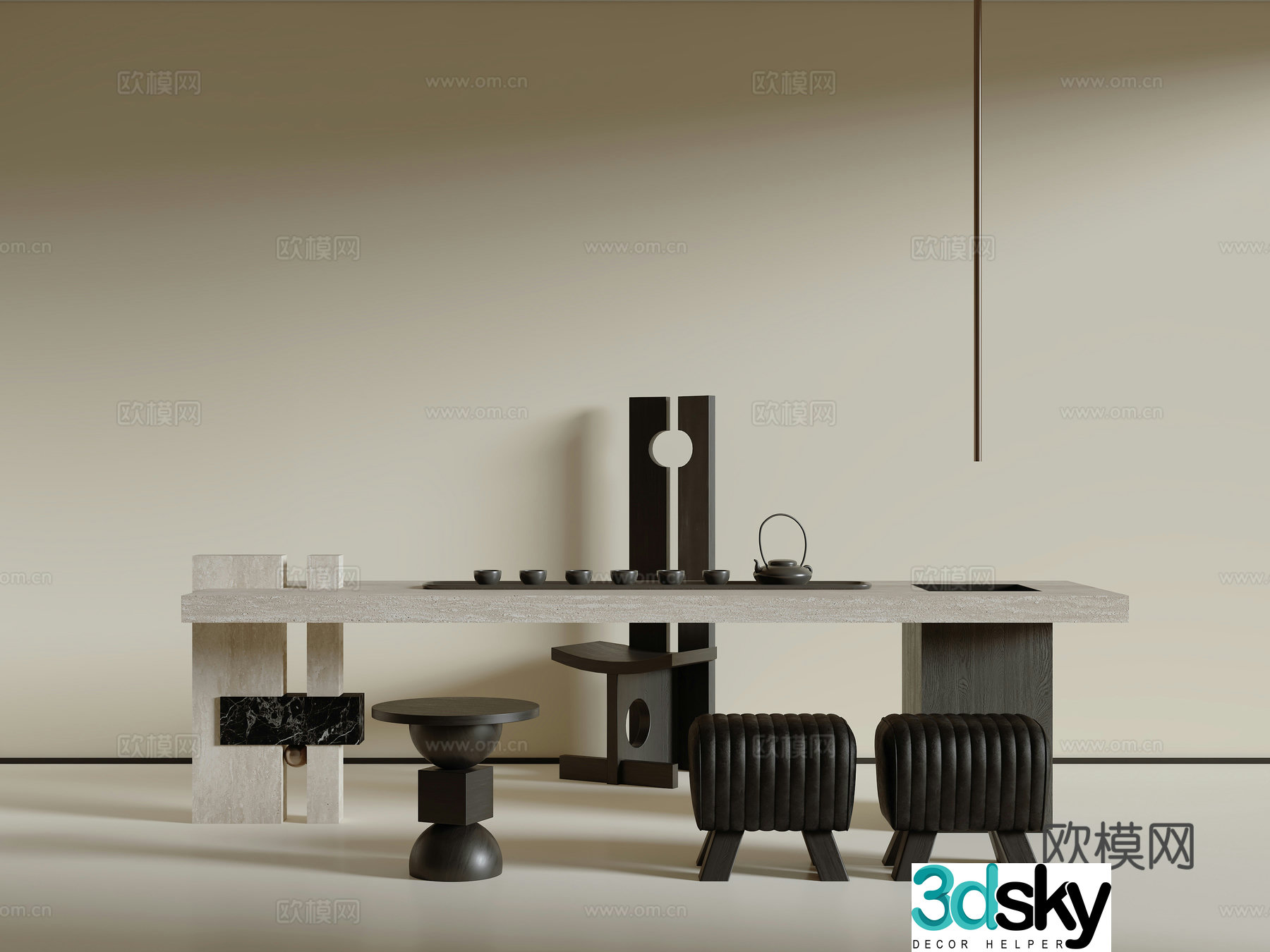 Modern medieval tea table and chair combination 3D model