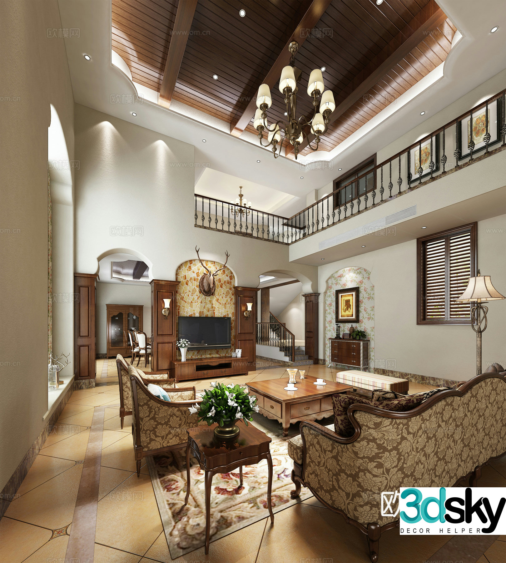 American living room TV background chandelier 3d model