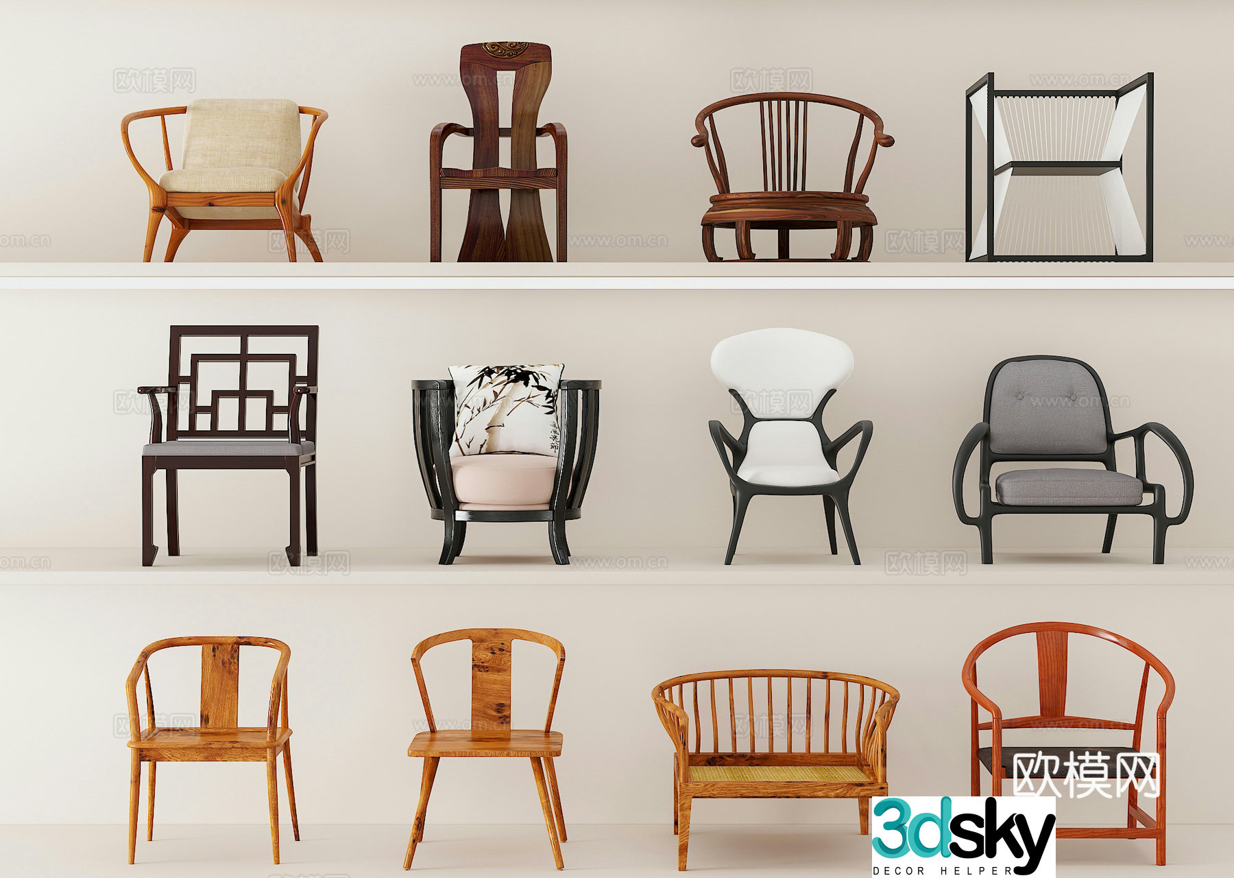 New Chinese style single chair chair retro chair single seat single sofa 3d model
