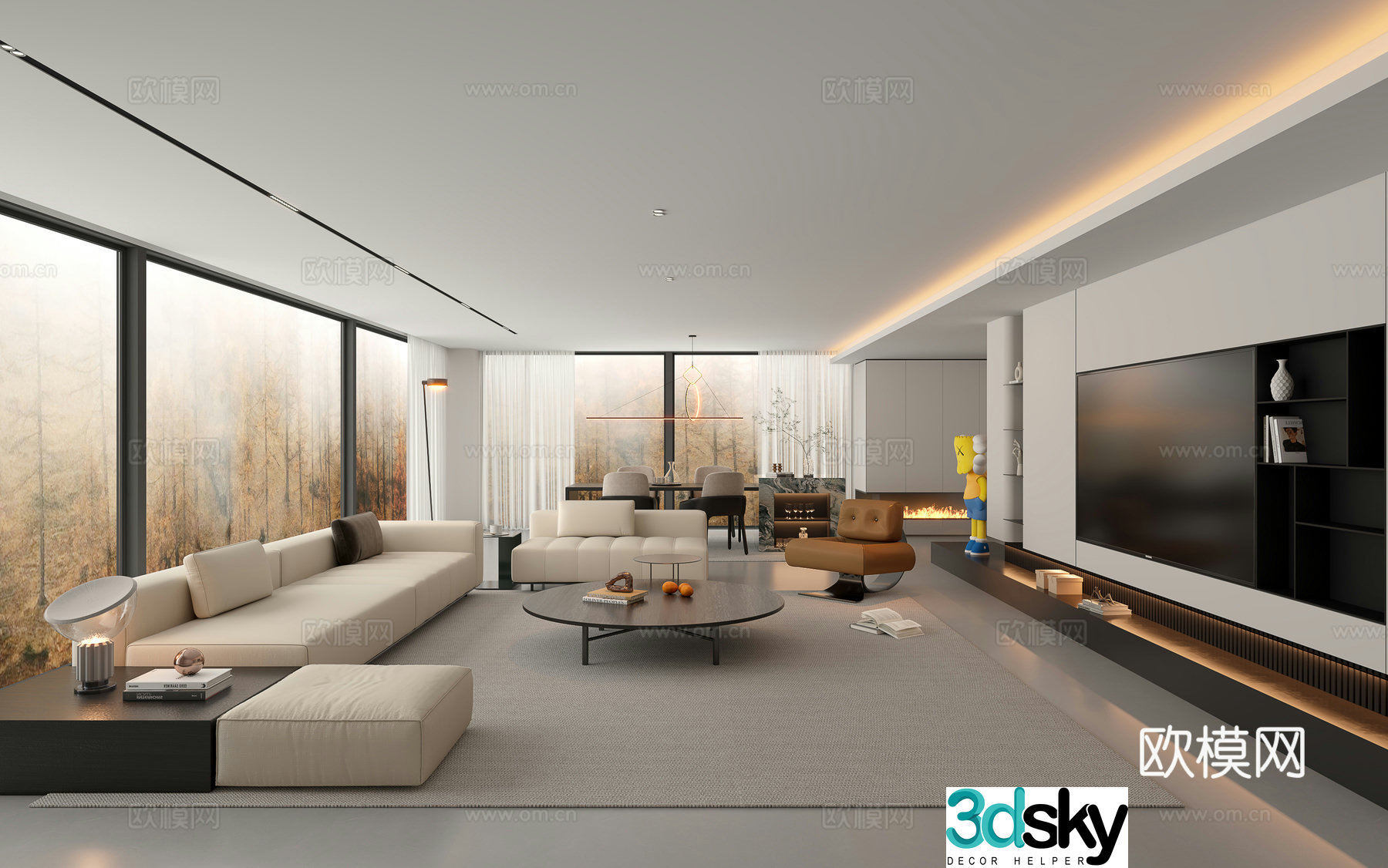 Modern large flat living room black and white living room without owner lights minimalist modern living room 3D model