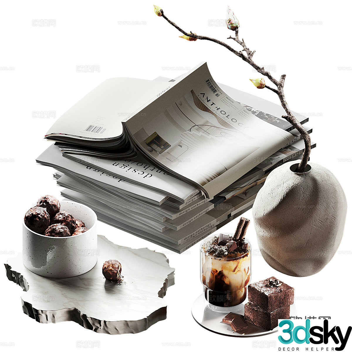 Coffee Cake Pastry Books Coffee Pot Dried Branch 3D Model