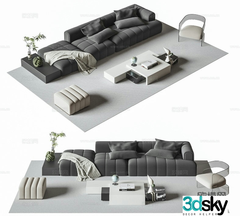 Modern cream sofa combination multi-person sofa black and white fabric sofa light luxury villa sofa simple 3D model
