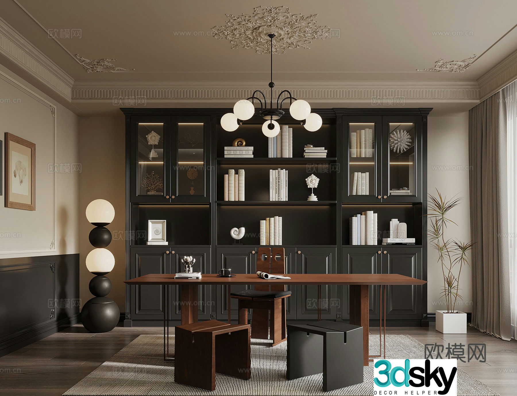 French retro style study bookcase desk chair office desk 3d model