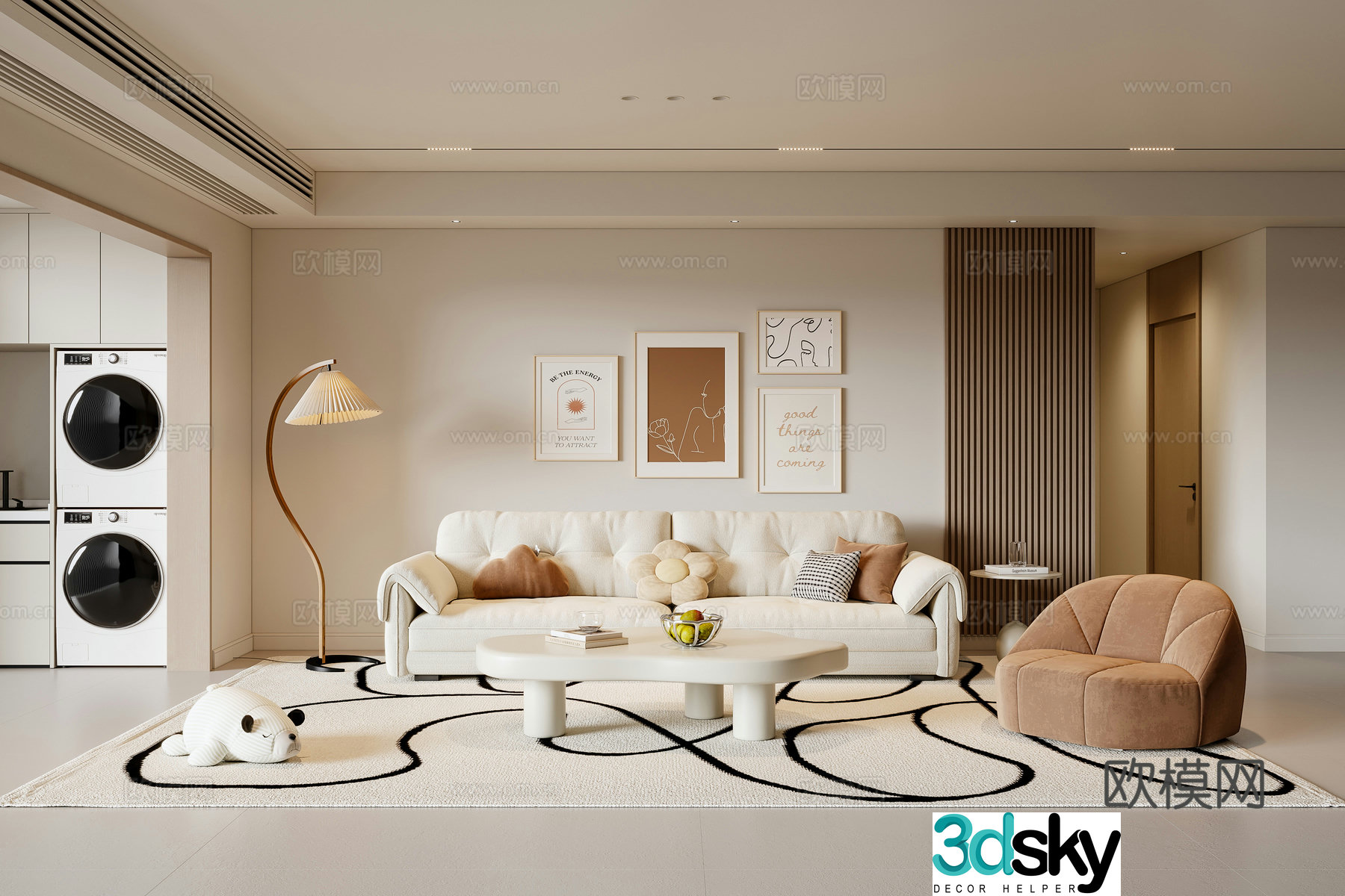 Modern creamy living room sofa coffee table multi-person sofa casual sofa painting floor lamp 3D model