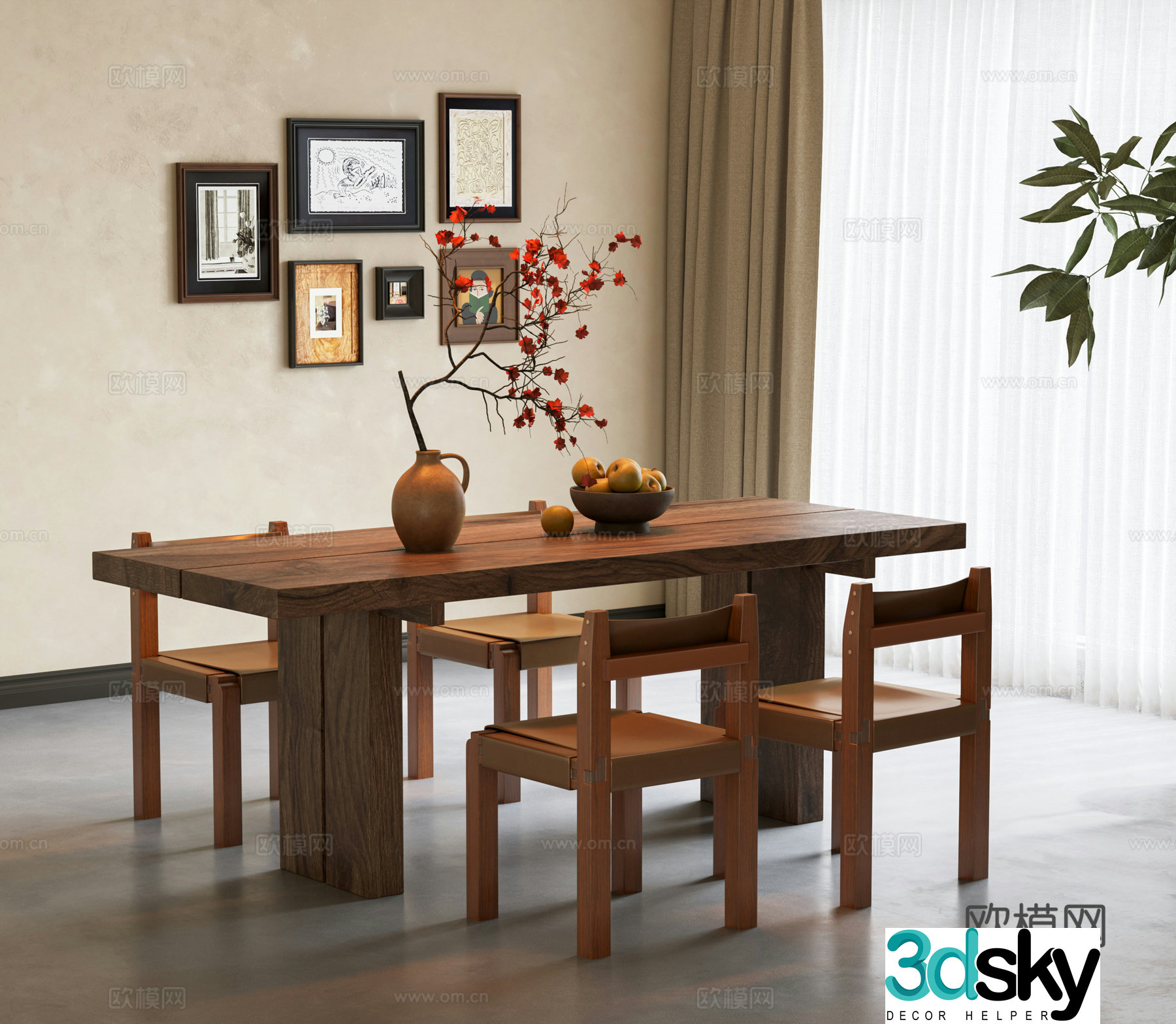 Wasabi Medium Style Dining Table and Chair Combination Solid Wood Dining Table Wood Dining Chair Long Dining Table Medium Style Dining Table 3D Model