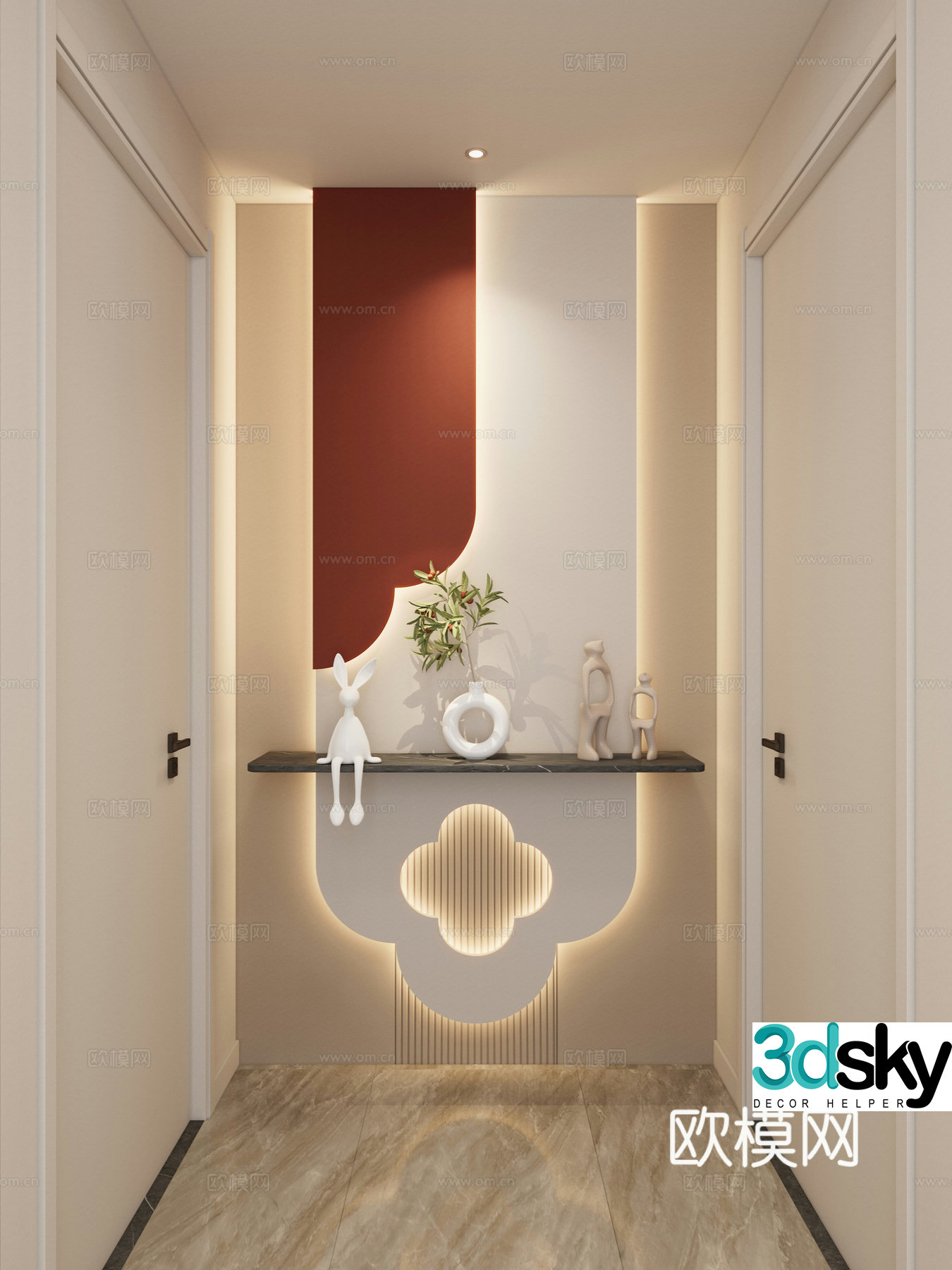 Simple creamy style curved shape Hermes orange marble corridor end view 3D model