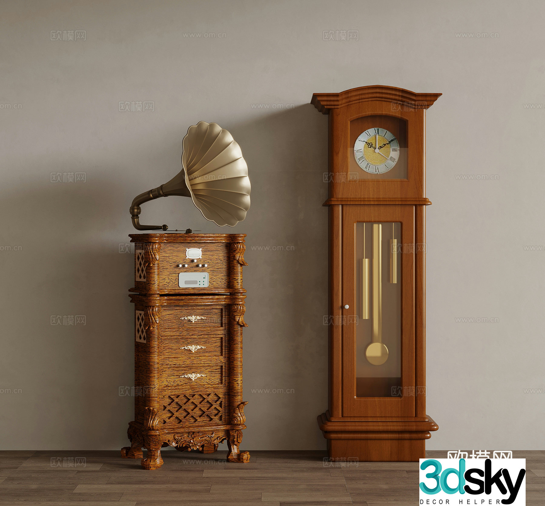 American retro phonograph floor clock 3d model