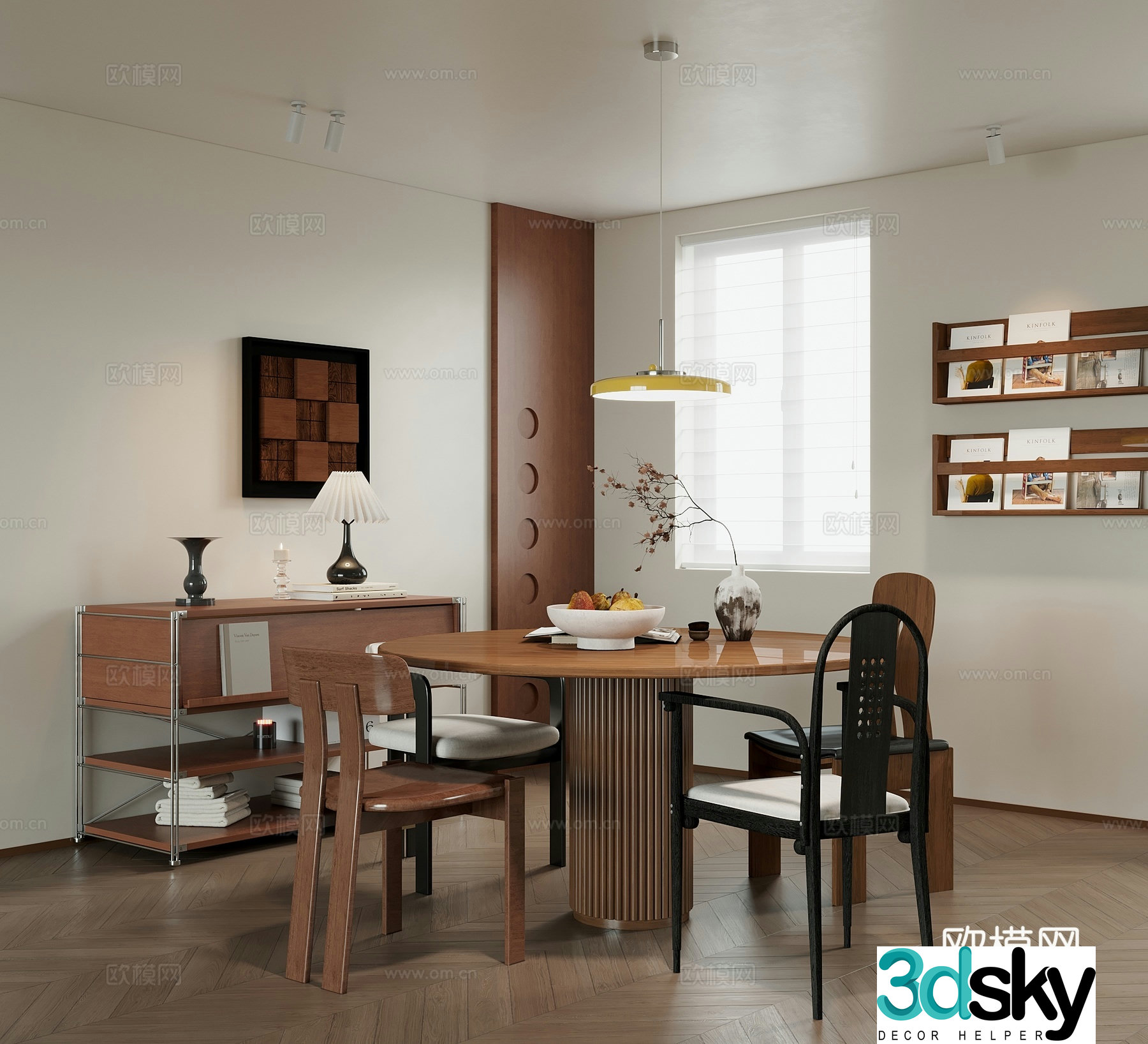 Middle-aged restaurant dining table and chairs side cabinets storage racks 3D model