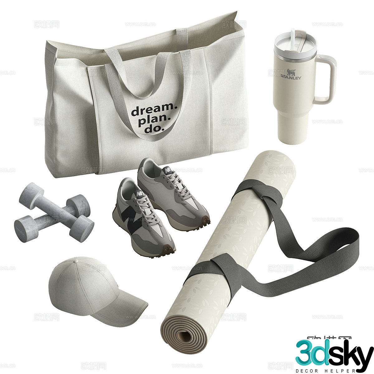 Modern cream style fitness clothing shoes and hat set 3d model