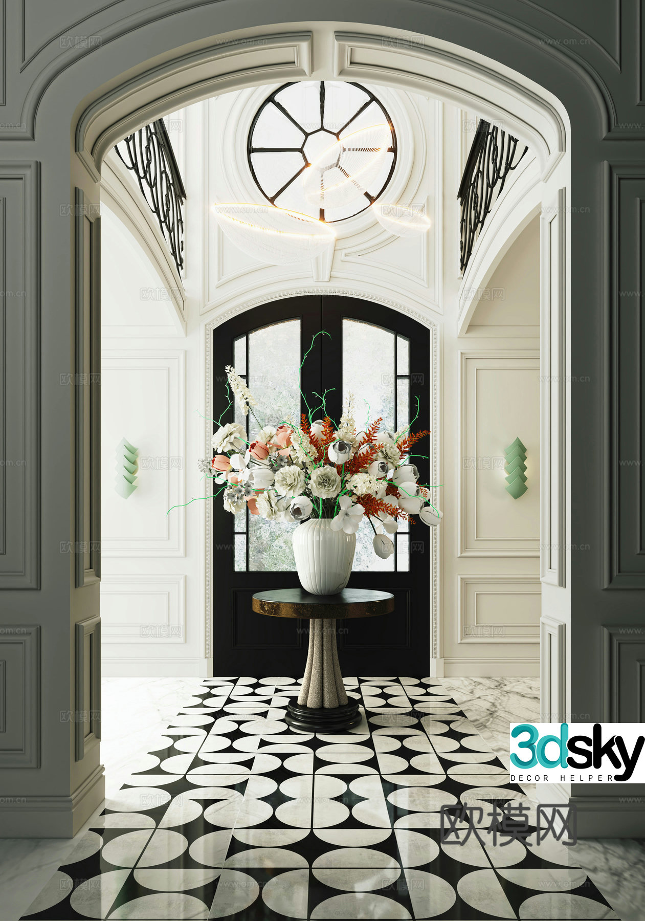 French entrance hall entrance hall round table decorative entrance hall floral vase 3D model
