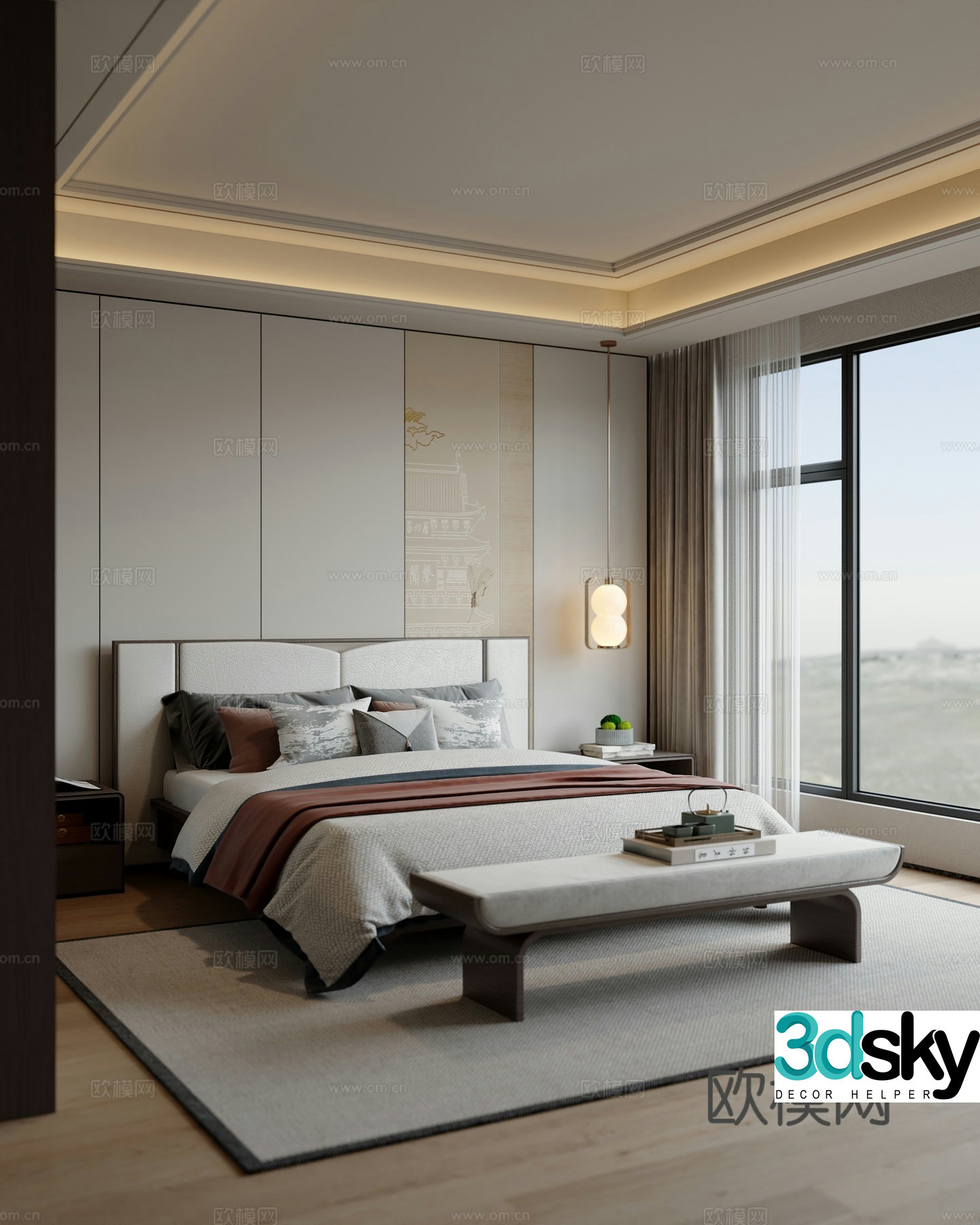 New Chinese style bedroom double bed chandelier bedside table 3D model