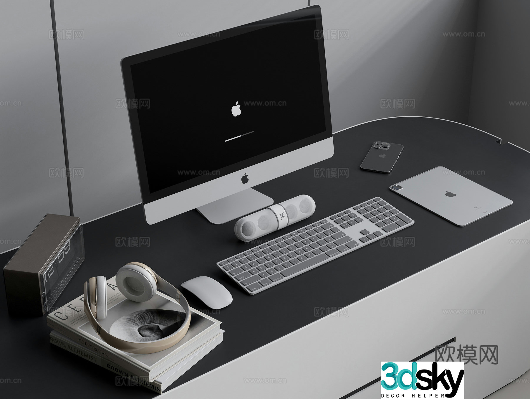 Apple all-in-one tablet computer keyboard mouse audio headphone mobile phone clock 3d model