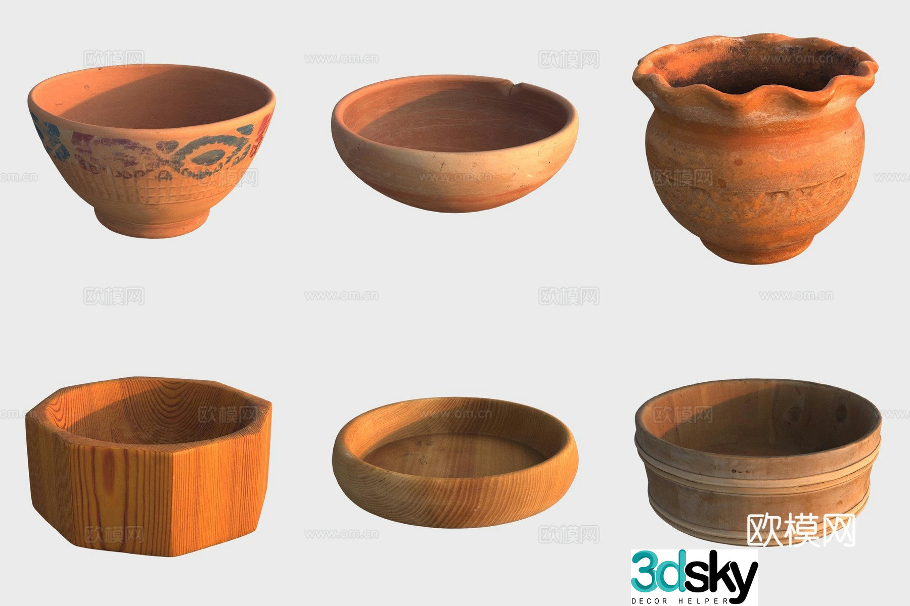Ancient pottery wood products wooden basin pottery bowl 3D model