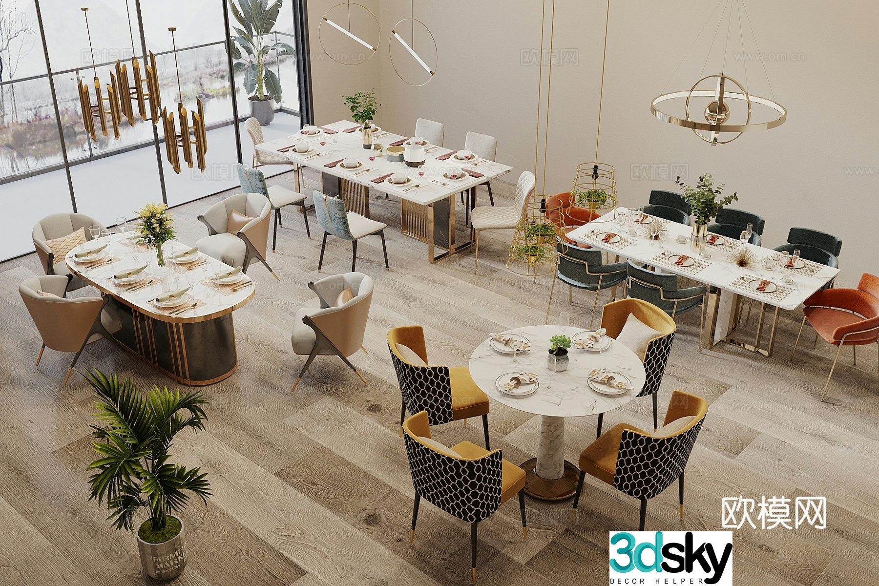 Modern cream style dining table and chair combination long table round table dining table and chair combination dining table and chair combination dining chandeliers 3D model