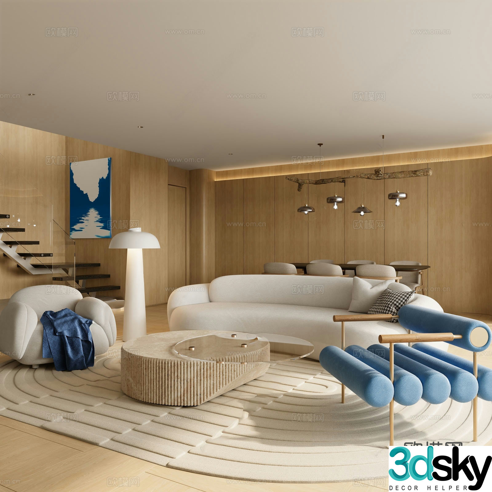 Modern log style living room 3d model