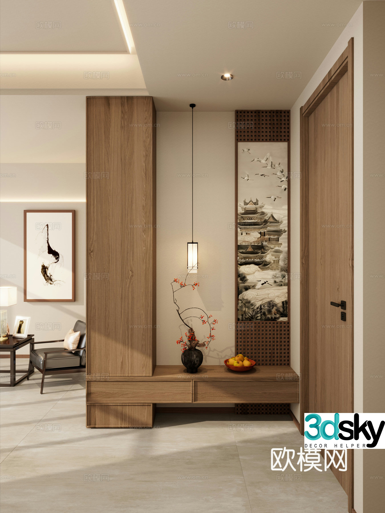 Song style Zen solid wood grille landscaping end view cabinet vase 3d model