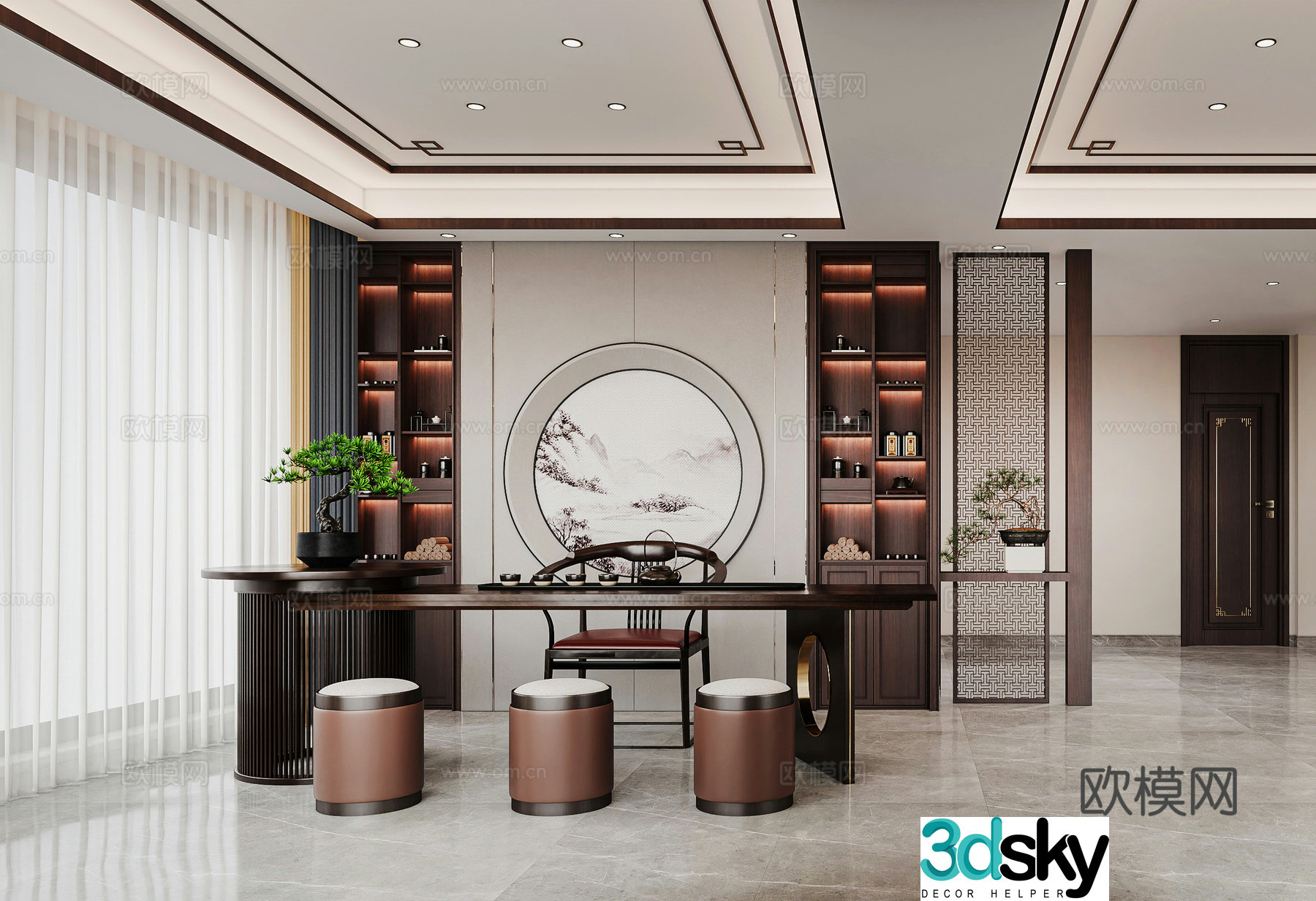 New Chinese-style tea room tea house tea table office study tea cabinet screen partition 3D model