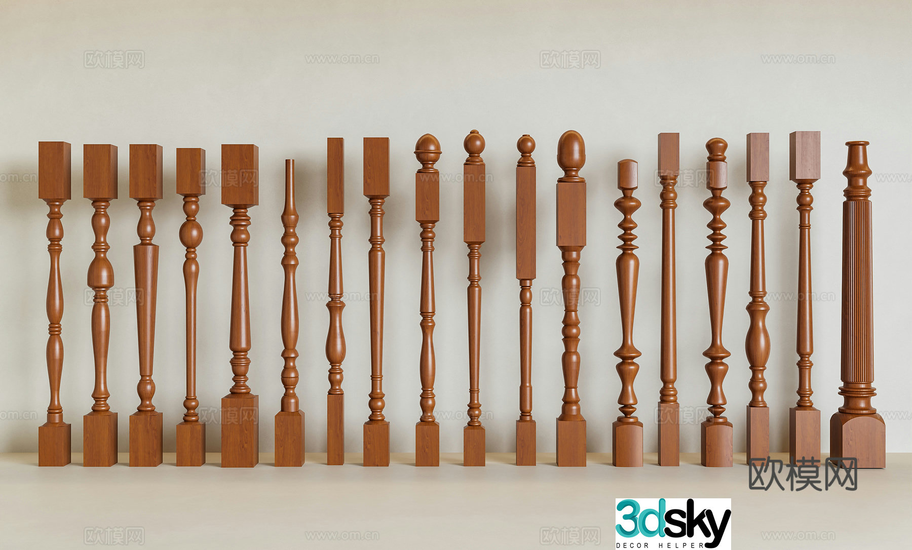 Medium-old railings Wooden railings Stair railings Medium-old wooden railings American wooden railings Columns 3D model