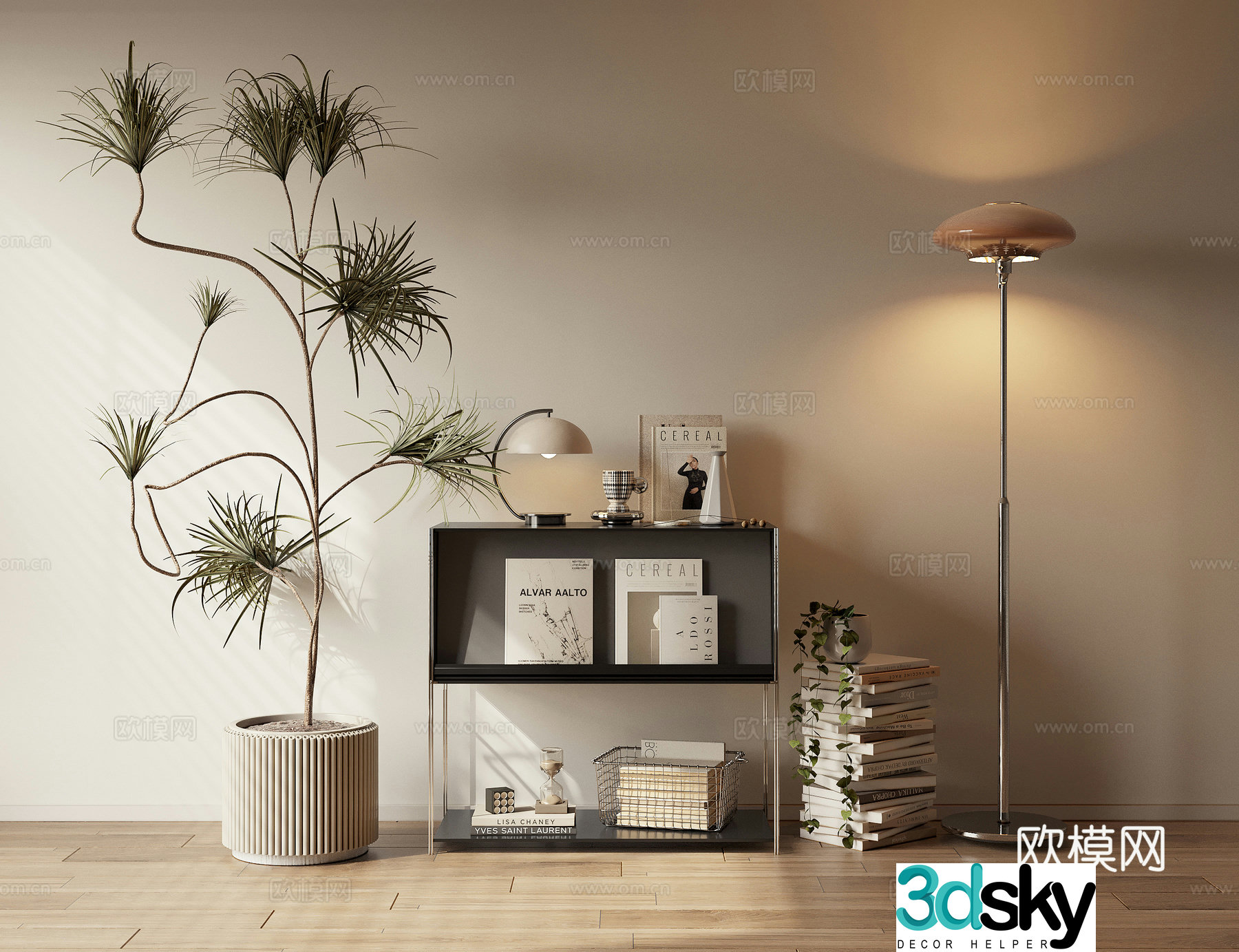 Low cabinet chest of cabinet bookcase shelf floor lamp pot plant ornament book 3D model