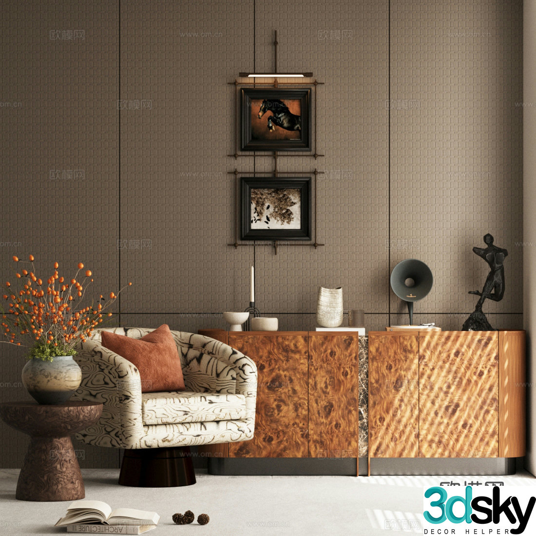 Modern leisure chair chest of drawers flower potted plants ornaments combination 3D model